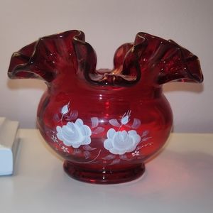 Vintage Fenton Christmas Ruby Red Hand Painted Vase Candy Dish